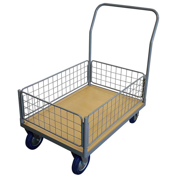 Chariot plateau bois 250 kg avec 1 dossier + 1 panier grillagé bas (grand) - Rotaket Manutention