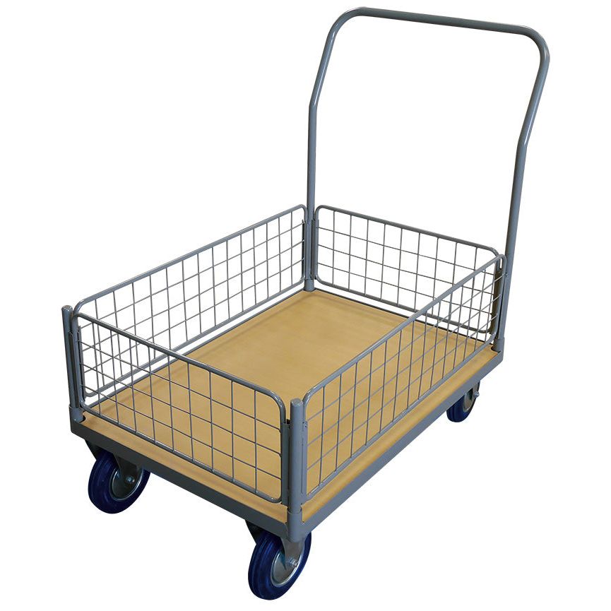 Chariot plateau bois 500 kg avec 1 dossier + 1 panier grillagé bas (grand) - Rotaket Manutention