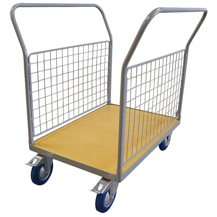 Chariot plateau bois 500 kg avec 2 dossier grillagés dans la longueur (petit) - Rotaket Manutention