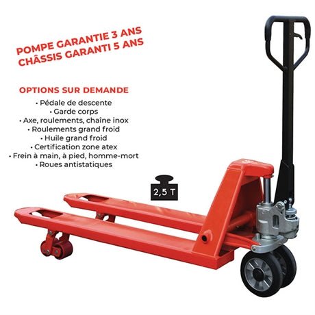 Transpalette manuel levée rapide premium 2500 kg - timon non monté au dessus de 3 unités commandées - Rotaket Manutention