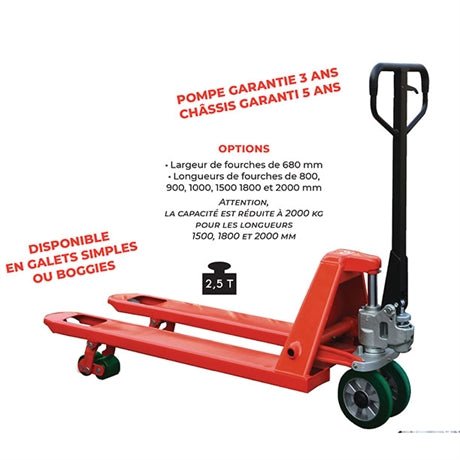 Transpalette manuel silencieux 2500 kg roues directrices (standard) - Rotaket Manutention