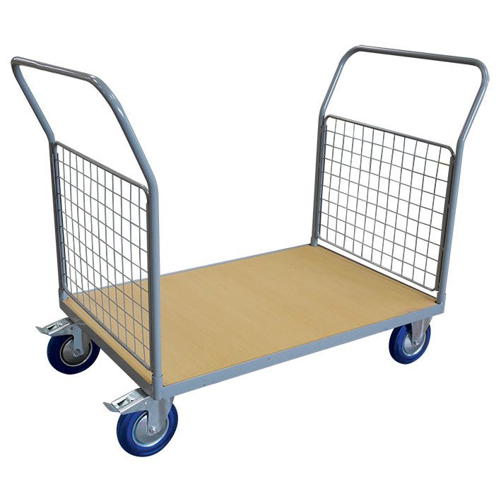 Chariot plateau bois 250 kg avec 2 dossiers grillagés (petit)