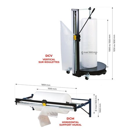 Dérouleur / coupeur pour papier, film à bulle et mousse vertical